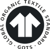 Global Organic Textile Standard (GOTS) certification logo, featuring a circular black emblem with two white upward-pointing arrows in the center and the text 'GLOBAL ORGANIC TEXTILE STANDARD' and 'GOTS' in black along the outer ring.